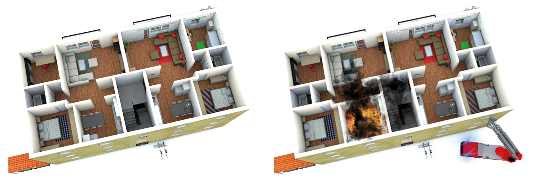 Illustrationerna visar ett våningsplan i ett flerfamiljshus och hur brandceller skiljer två lägenheter  åt. Bilden visar också hur brandcellerna hindrar röken att spridas från den ena lägenheten till den andra vid en brand.